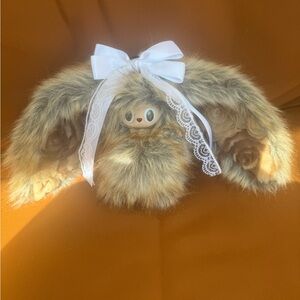 Custom Labubu Bunny with White Lace Bow - Tan Faux Fur